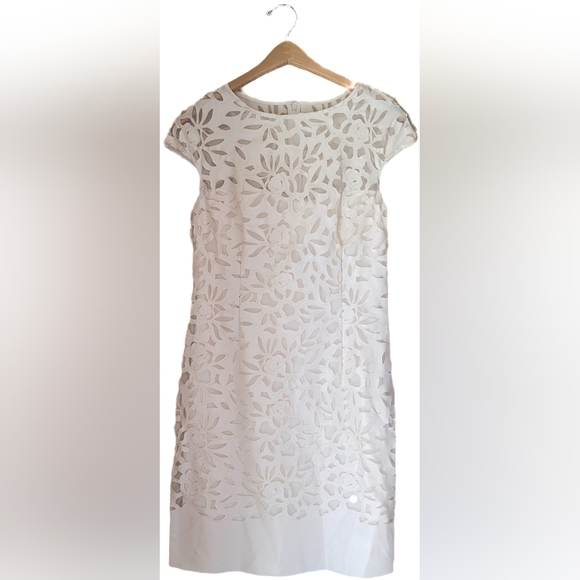 EUC Julia Jordan Cream Faux Leather Lace Cap Sleeves Midi Dress - Size 8 - Picture 1 of 8